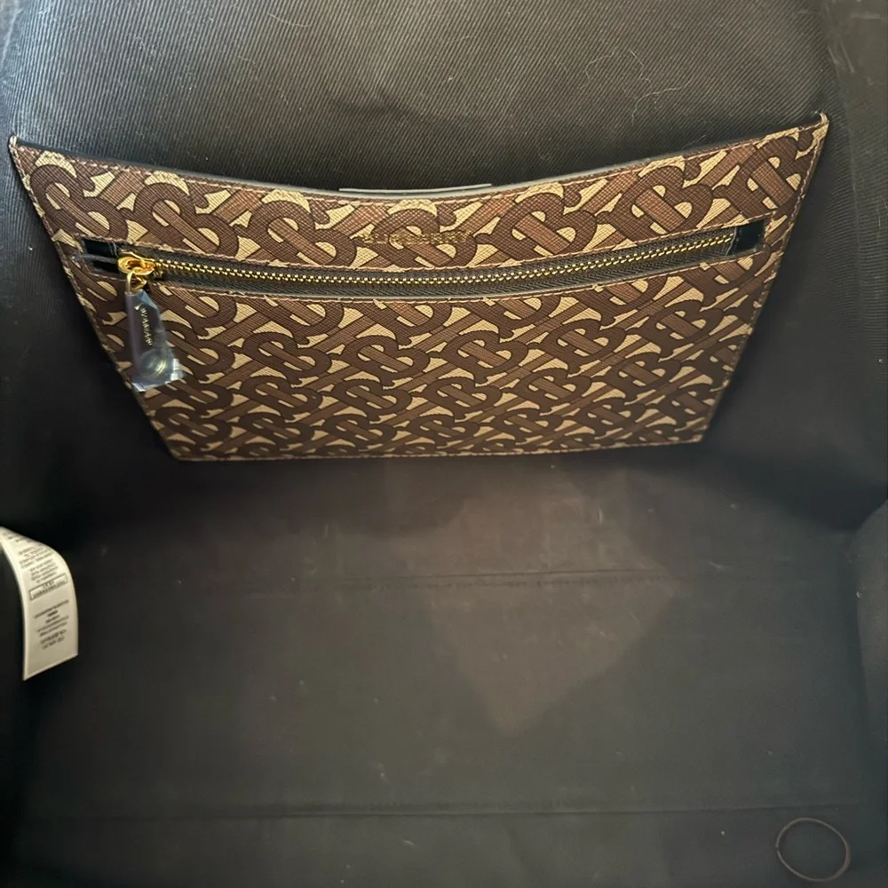 Burberry Brown Monogram Stripe Canvas Tote with White and Red Accents